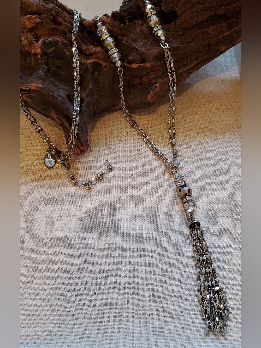 White House Black Market Gunmetal Station Chain Beaded Tassel Lariat Necklace